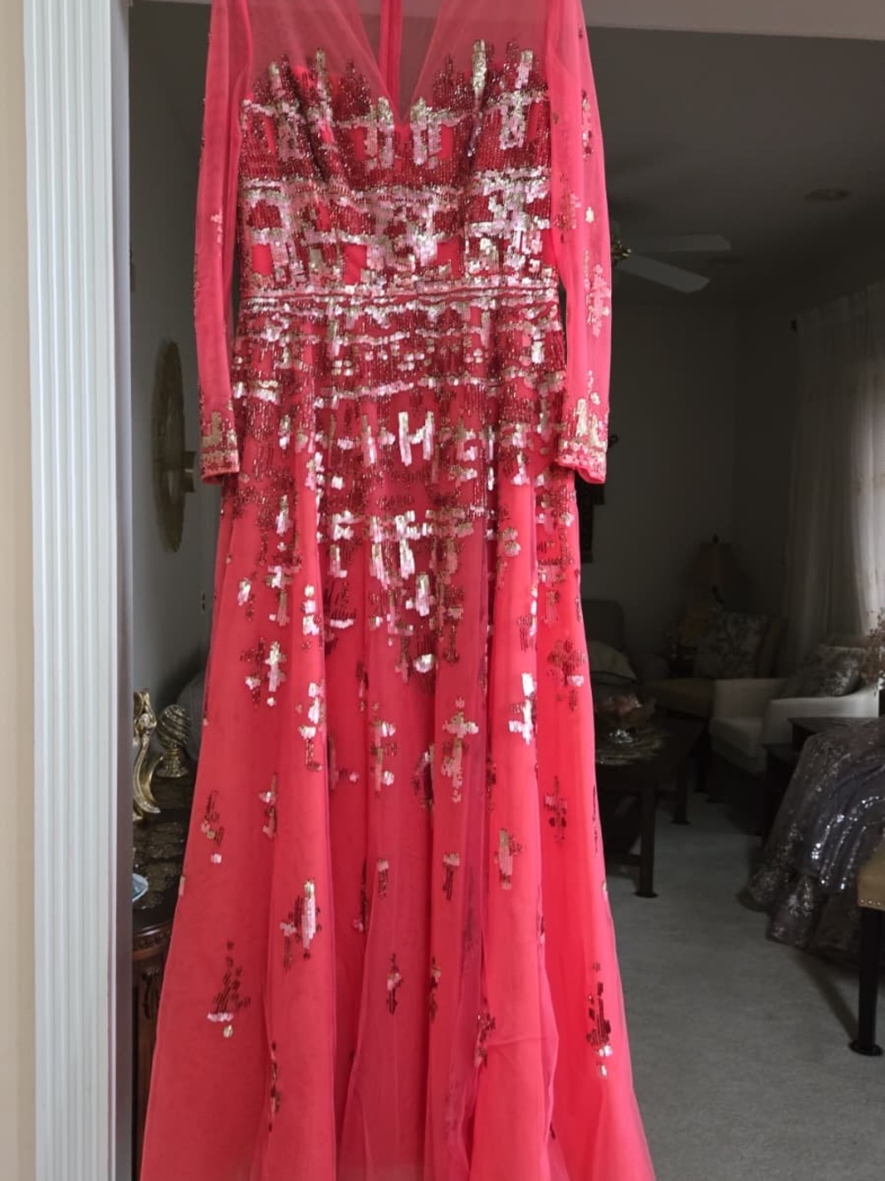 Coral Sequin Long-Sleeve Evening Dress